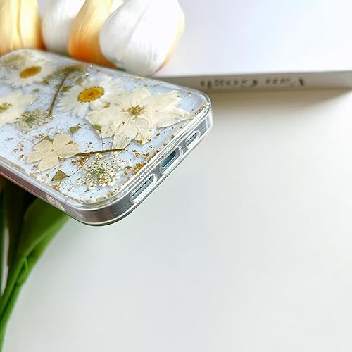 Miniatura 7 de LSEEKA Funda transparente para iPhone 14 PlusiPhone 15 Plus con diseño de flores reales prensadas, con purpurina y bonito patrón floral blanco,