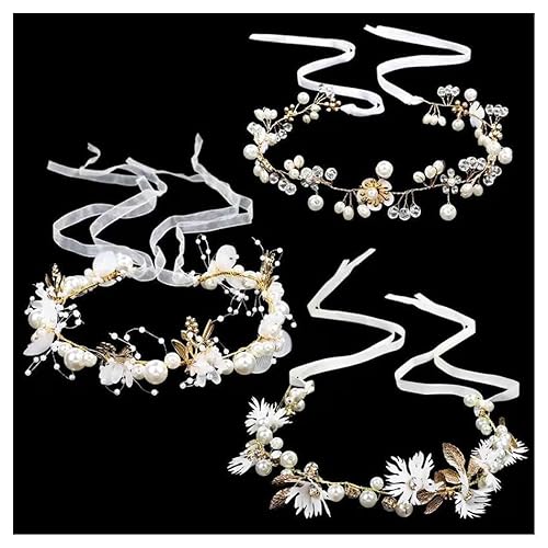 inSowni 3 diademas de flores para niña, perlas, diamantes de imitación, hojas, flores, coronas de novia, tiaras, coronas con cinta, tocados de vid