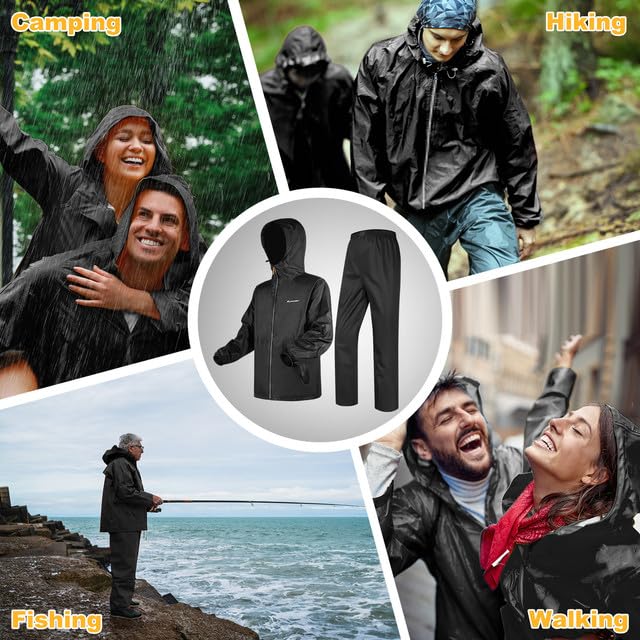 LAMA Regenanzug (Regenjacke + Regenhose) Damen Herren, Reflektierender Regenanzüge wasserdichte Kapuzenjacke, Atmungsaktive Regenjacke Regenhose, Raincoat Rainwear mit Kapuze Kapuzenjacke Schwarz L