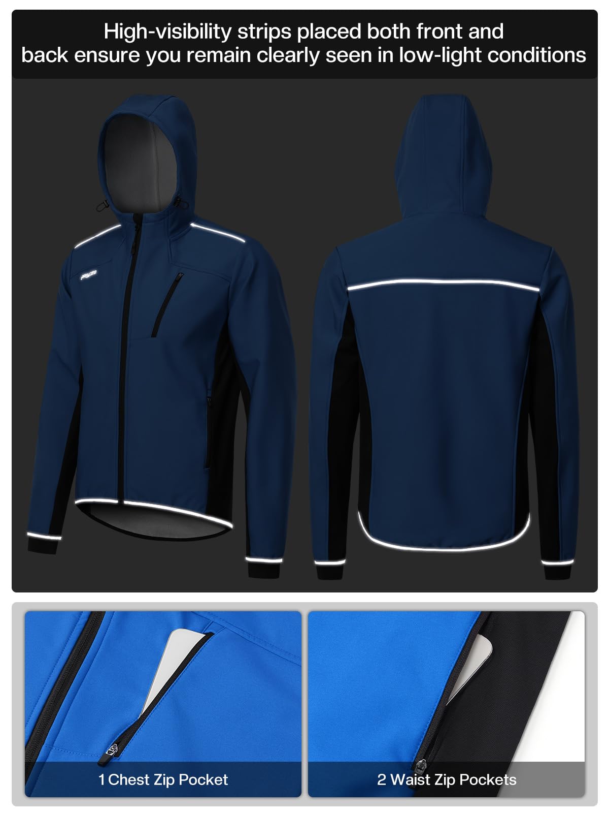 ARSUXEO Chaqueta de ciclismo para hombre, chaqueta de invierno con capucha, 3 bolsillos con cremallera para golf, senderismo, correr, actividades al aire libre 24F