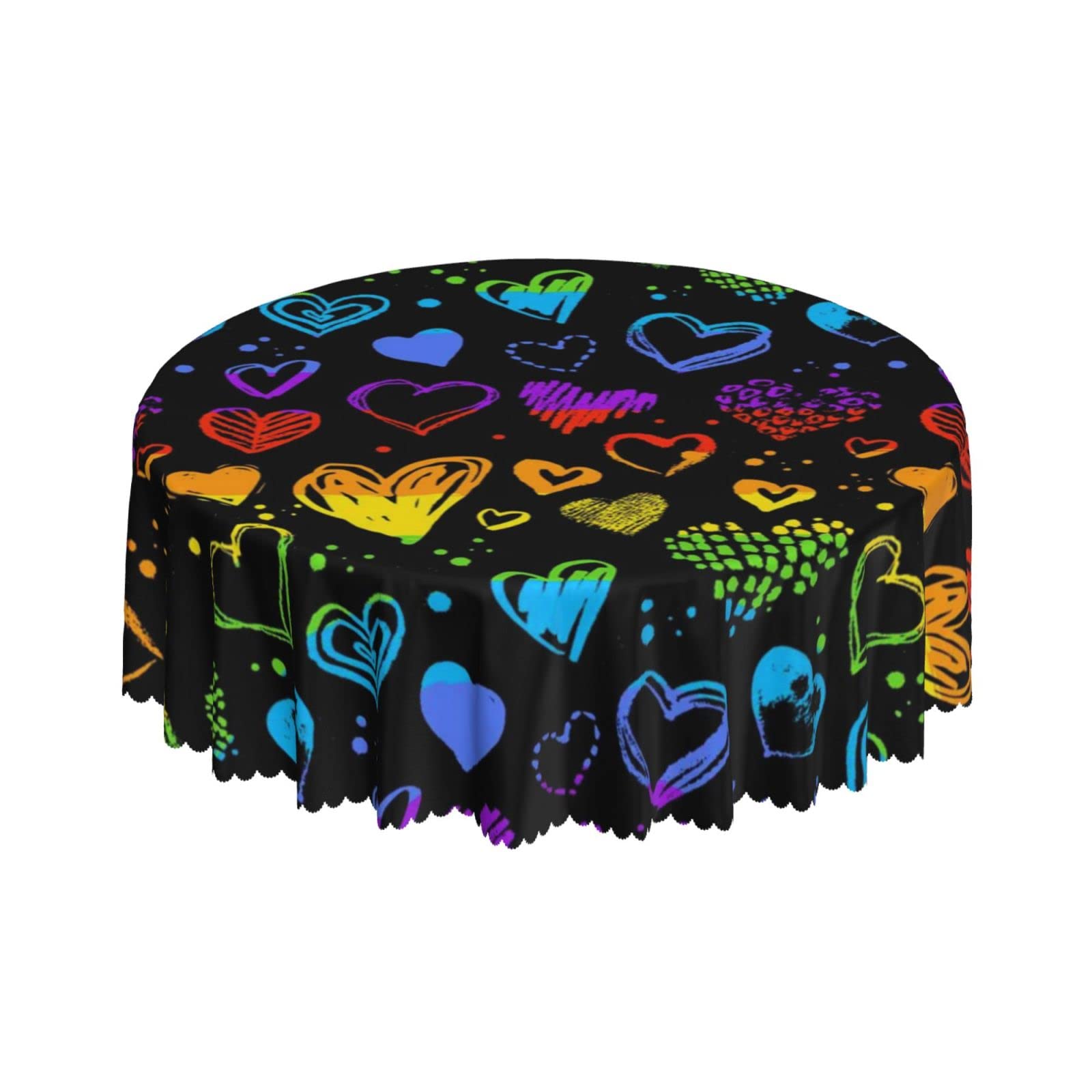 Lsjuee Neon Rainbow Valentine Hearts Black Round Tablecloth 60 Inch Printed Washable Tablecloth for Dining Party Holiday Fall Home Decorative