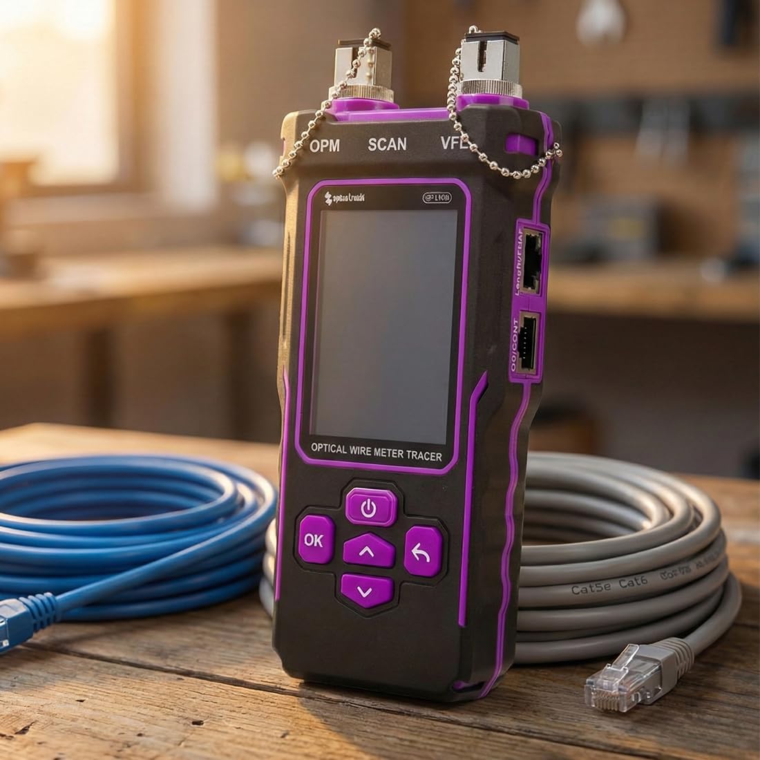 Spacetronik Tester de Cables de Red PoE Multifunción - Prueba de Fibra Óptica, Tester PoE con Detector NCV y Linterna LED - Medición Longitud de Cables CAT5/CAT6 hasta 200m, USB-C, Port-Flash
