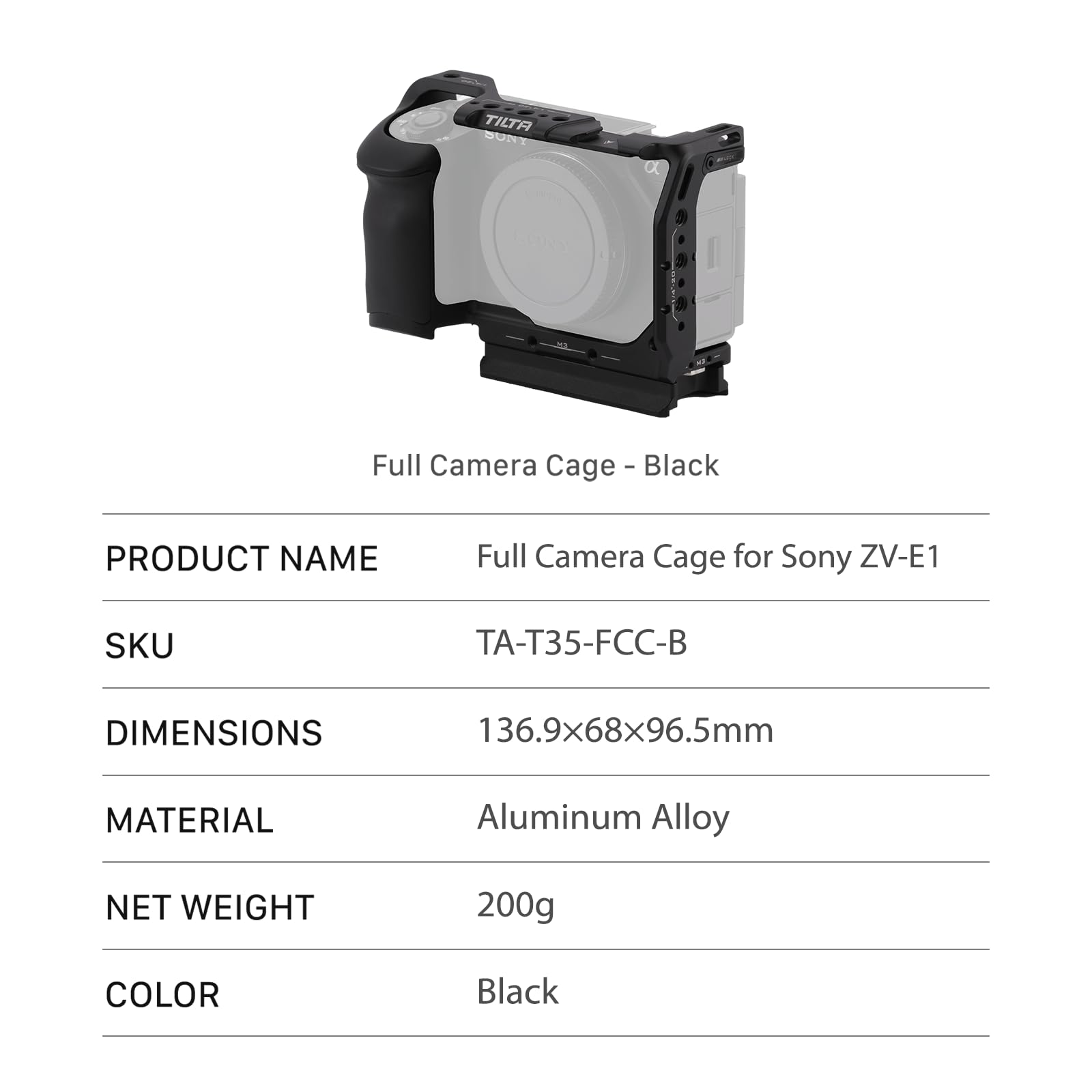 Tilta Jaula ZV-E1, jaula completa para cámara compatible con Sony ZV-E1 con mango integrado, alta compatibilidad y ligereza, color negro TA-T35-FCC-B