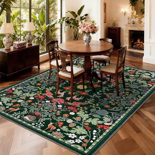 Yinhua Area Rug 5x7 Floral Rugs for Living Room Green Washable Rug Non Slip Soft Low Pile Faux Wool Botanical Throw Rugs for Bedroom, Dining Room, Nursery, Home Decor, Green - Thumbnail 3