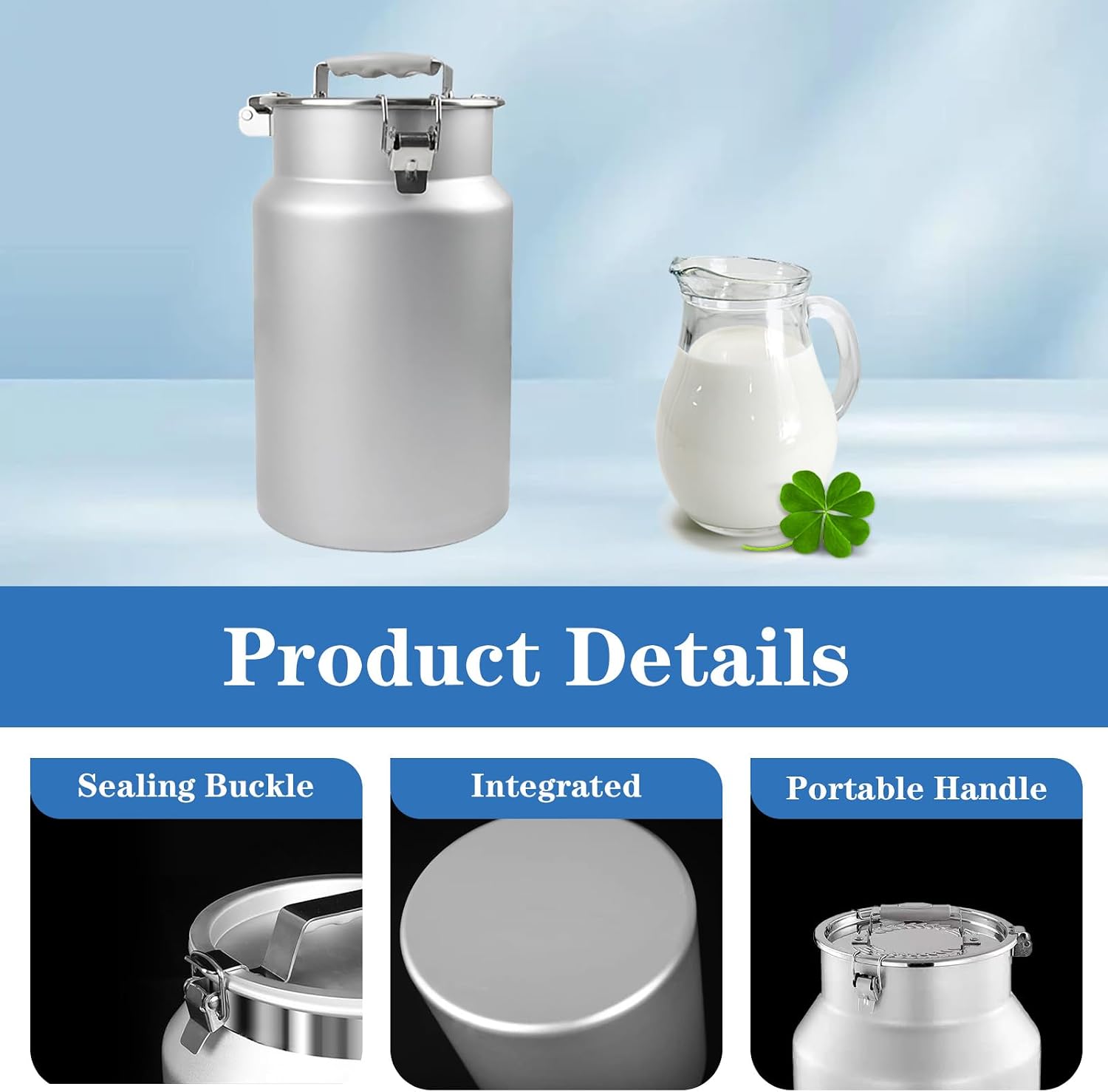 Stainless Steel Milk Can with Sealed Lid and Carry Handle - Tote Jug for Milk, Wine, Water | Liquid Tote Pail Storage + Transport,7L