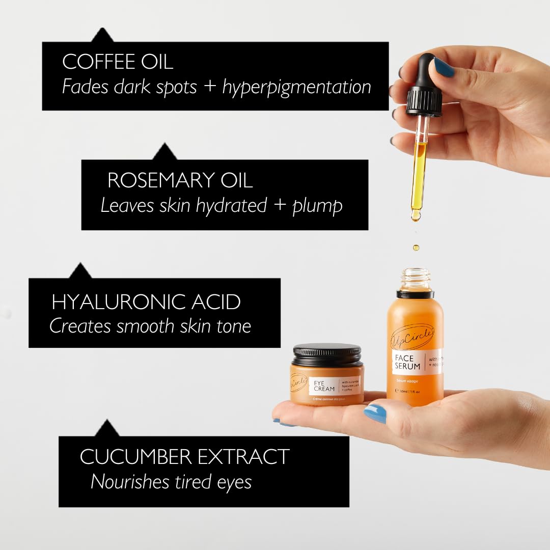 UpCircle Duo caféiné – Notre sérum visage et crème pour les yeux – Vitamine C, acide hyaluronique + huile de café – Unifie le teint de la peau, réduit les poches et les cernes – Végétalien + sans