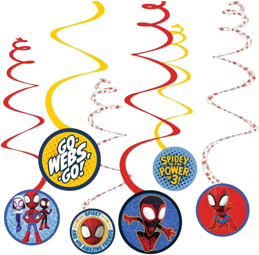 Spiral Decorations - 5" (12 Pcs) - Multicolor Cardstock & Foil Hanging Decors for Kids Birthday & Themed Parties, Spidey & His Amazing Friends