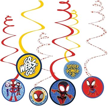 Spiral Decorations - 5" 12 Pcs - Multicolor Cardstock & Foil Hanging Decors for Kids Birthday & Themed Parties, Spidey & His Amazing Friends