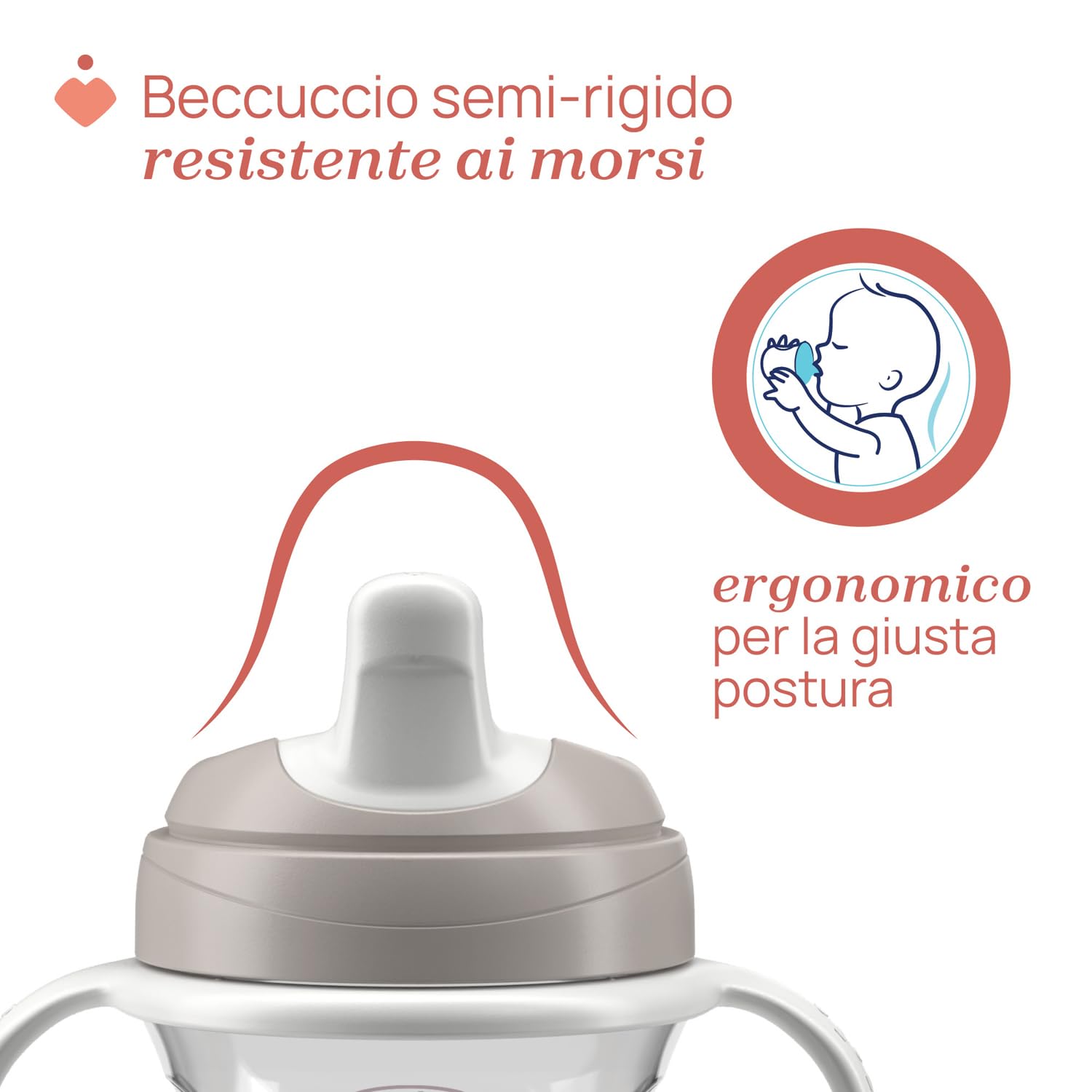 Chicco Training Cup, in Plastica Un Bicchiere Antigoccia Bambini, Una Tazza per Imparare a Bere, Beccuccio Ergonomico Semi-Soft, Valvola e Manici Rimovibili, 6 Mesi+, Senza BPA, Grigio
