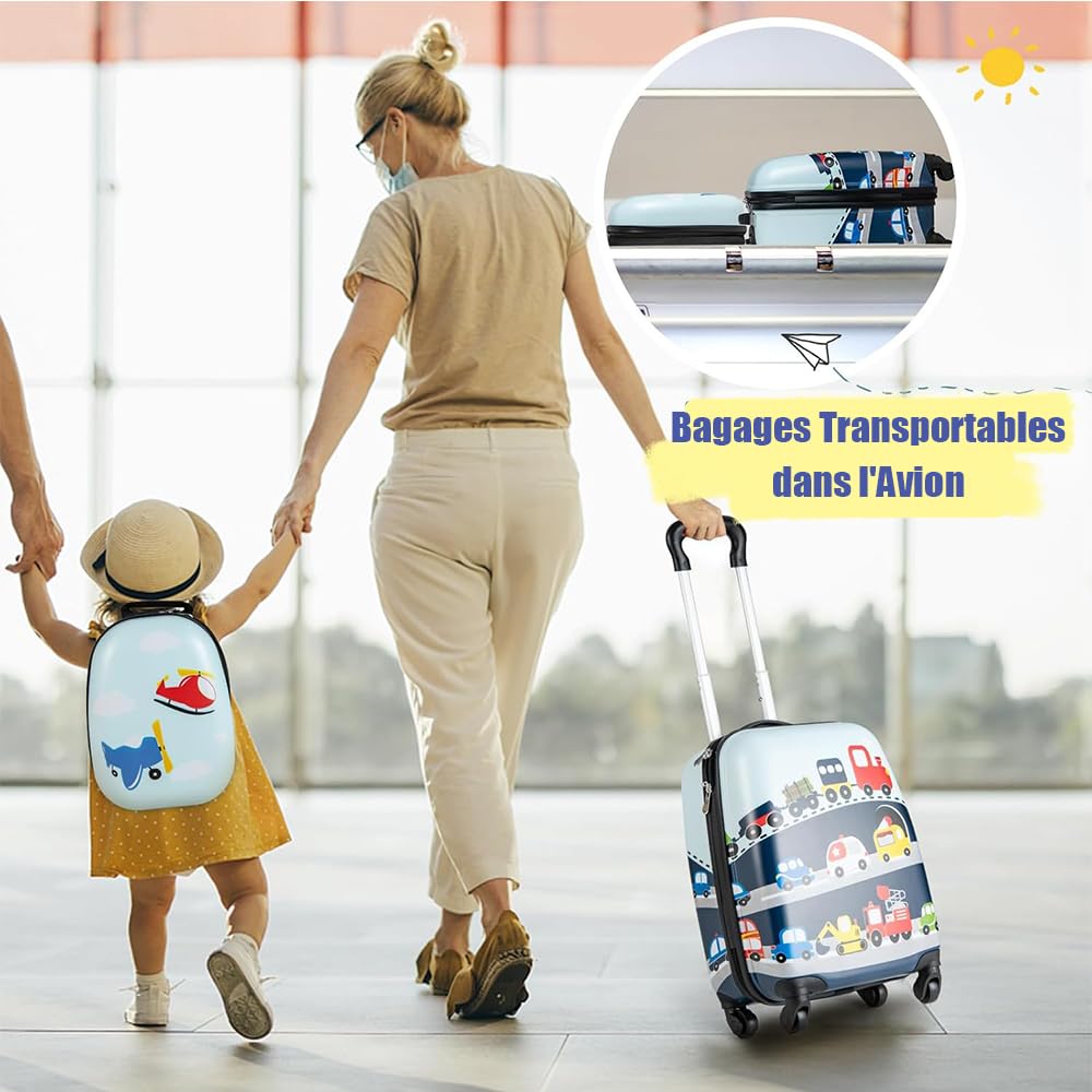 SOARS Valise Enfant Roulette 16" + Sac à Dos 12", Poignée Réglable à 3 Niveaux, Bretelles Larges, Léger de 2,5 KG, Transportable dans l’Avion, Garçon 3-10 Ans