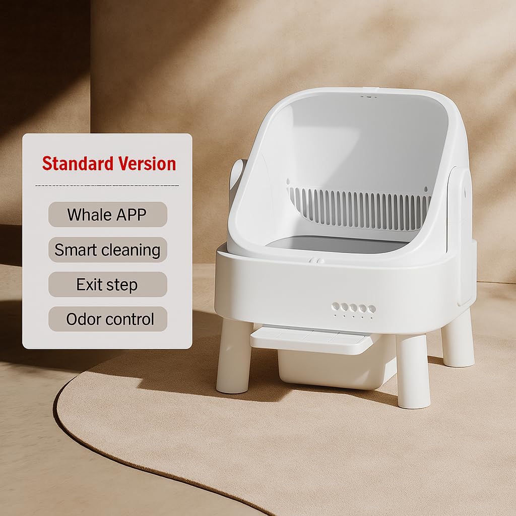 Self Cleaning Cat Litter Box, Automatic Open Top Litter Box for Multiple Cats, Large Capacity with APP Control, Safety Sensors, Odor Control, Liners and Mat Included, White