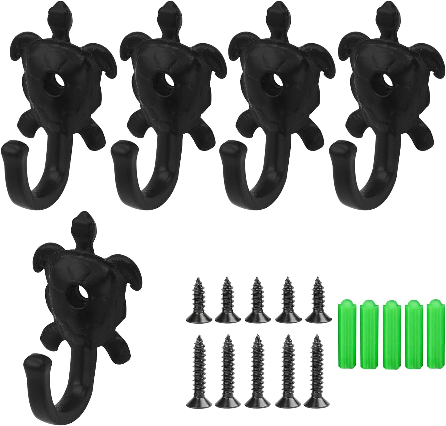 Paquete de 5 ganchos de pared para colgar abrigos, bufandas, bolsos, mochilas, mochilas, decoración del hogar (tortuga negra)