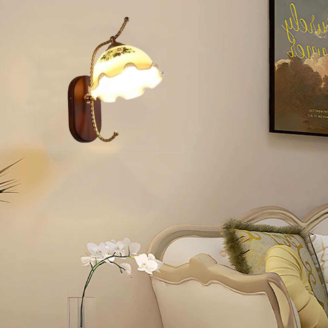 Lampada da parete moderna con paralume a forma di fiore, base in legno rustico, lampada a collo d'oca, lampade in stile nordico industriale per camera da letto, soggiorno, comodino, veranda, ingresso