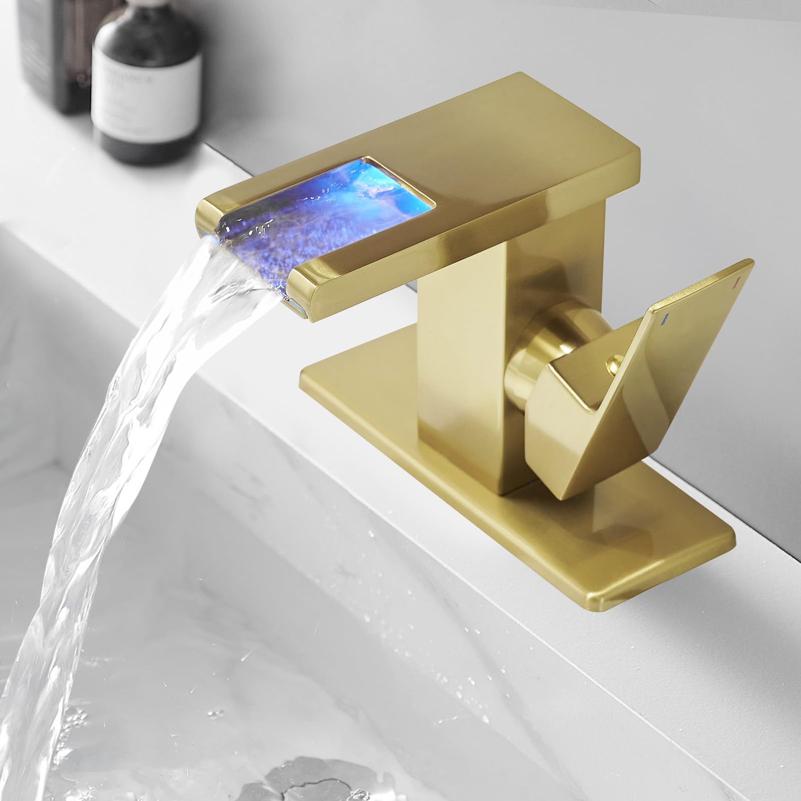BESy LED Stainless Steel Waterfall Brushed Gold Bathroom Faucet, Single Hole Bathroom Sink Faucet, 3 Colors Light Changing Single Handle Vanity Faucets with Supply Lines, Rv One Hole Faucet