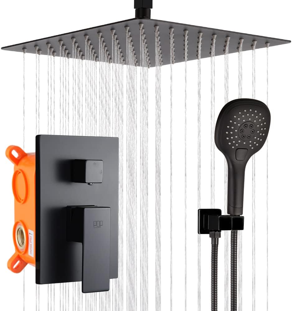 POP SANITARYWARE Ceiling Mount Shower Faucet Set Matte Black 10 Inch Shower Head System with Handheld Spary, Single Handle Shower Trim Kit with Rough-in Valve Body