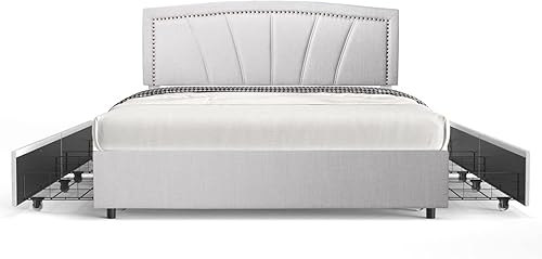 Miniatura 10 de BONSOIR Base de cama de almacenamiento tapizada de perfil bajo tradicional con cabecera copetuda y clavos, no necesita somier, 4 cajones