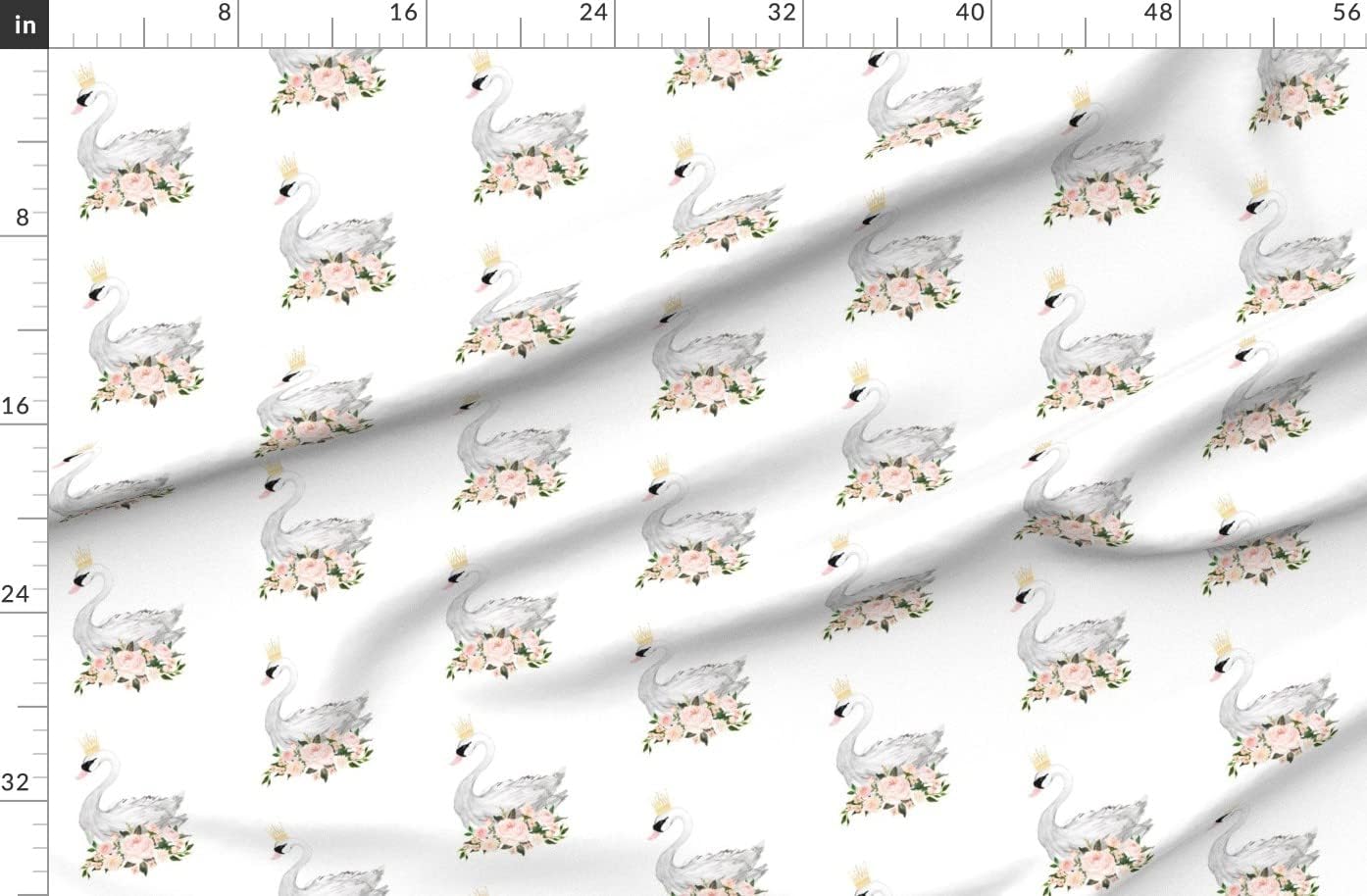 Spoonflower Fabric - Swan Roses White Floral Flowers Pink Black Wedding Printed on Organic Cotton Sateen Fabric by The Yard - Sewing Quilting Apparel Home Decor