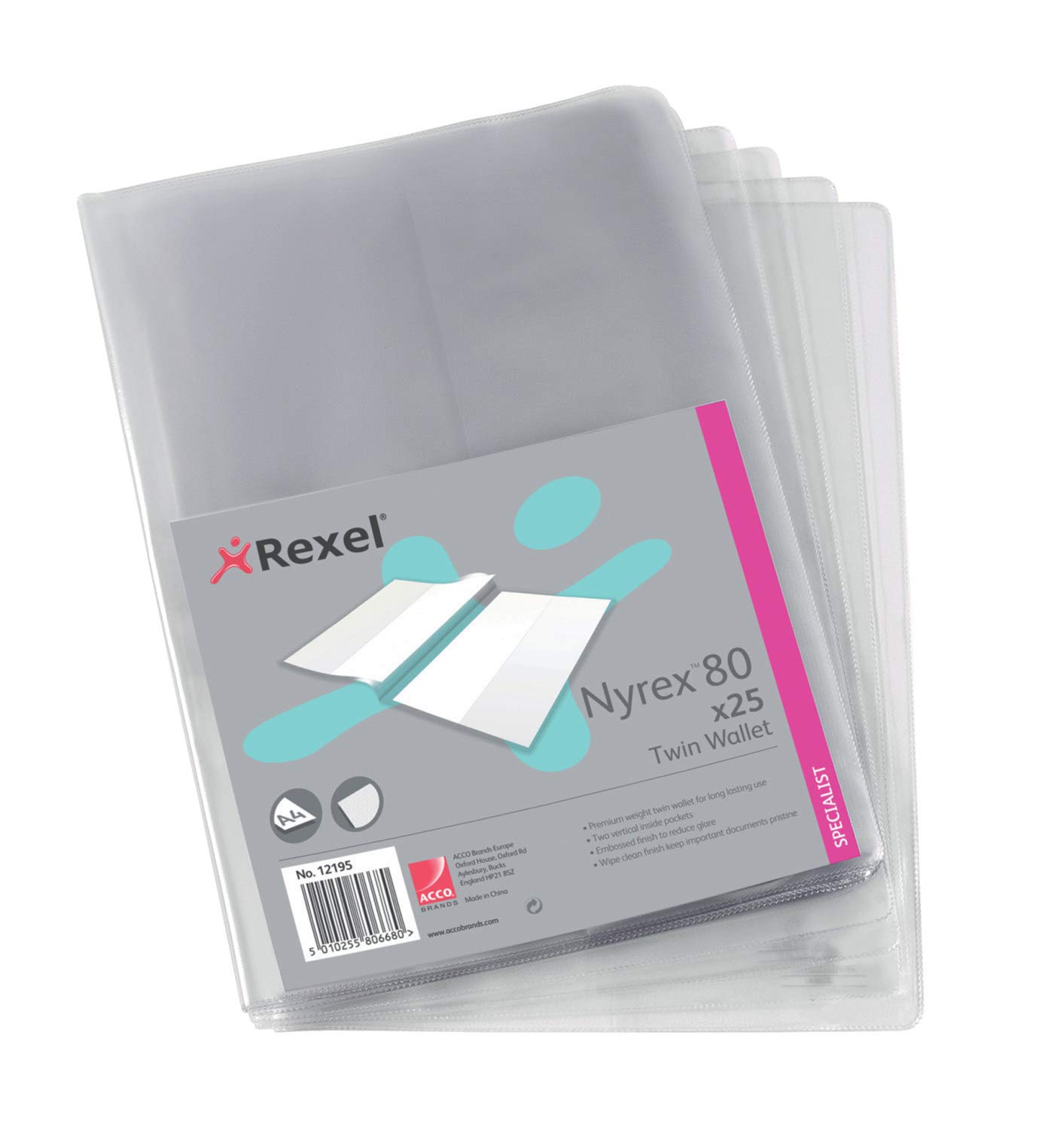 Rexel Nyrex 80 Twin Wallet with 2 Vertical Inside Pockets A4 Clear Ref