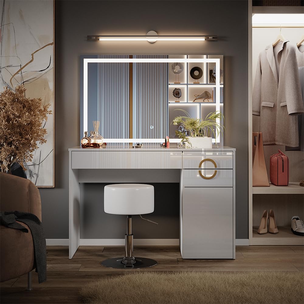 Vicco Tocador Adela, Blanco, 115 cm con Espejo LED y Taburete, Funciona también como Espacio de Trabajo Elegante