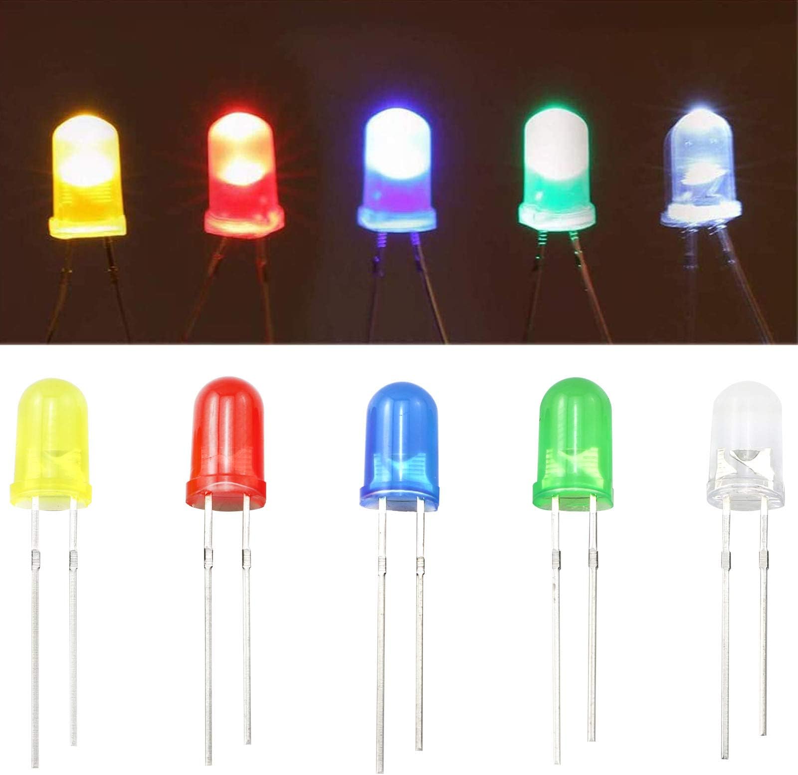 200pcs 5mm Light Emitting Diode Assortment LED Circuit Kit 5 Colors LED Diodes for Industrial Field, Student Experiment, School Science Project