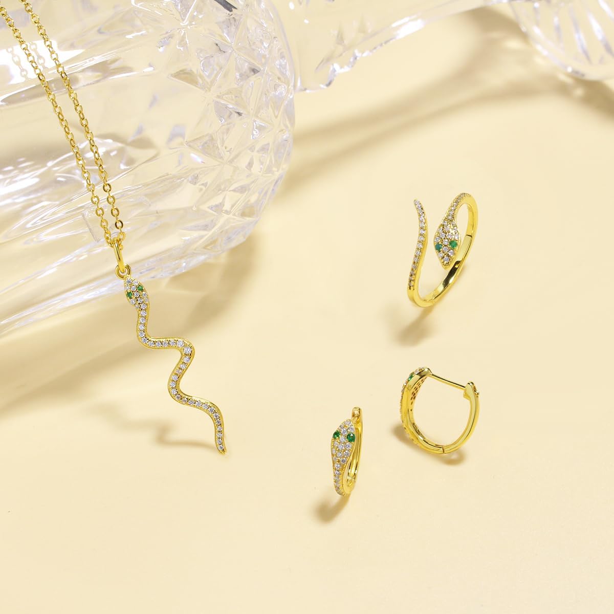 Nova&Aria Snake Necklace Sterling Silver 14k Yellow Gold Plated Necklace with Green Emerald Serpent Ring Gift for Women/Men