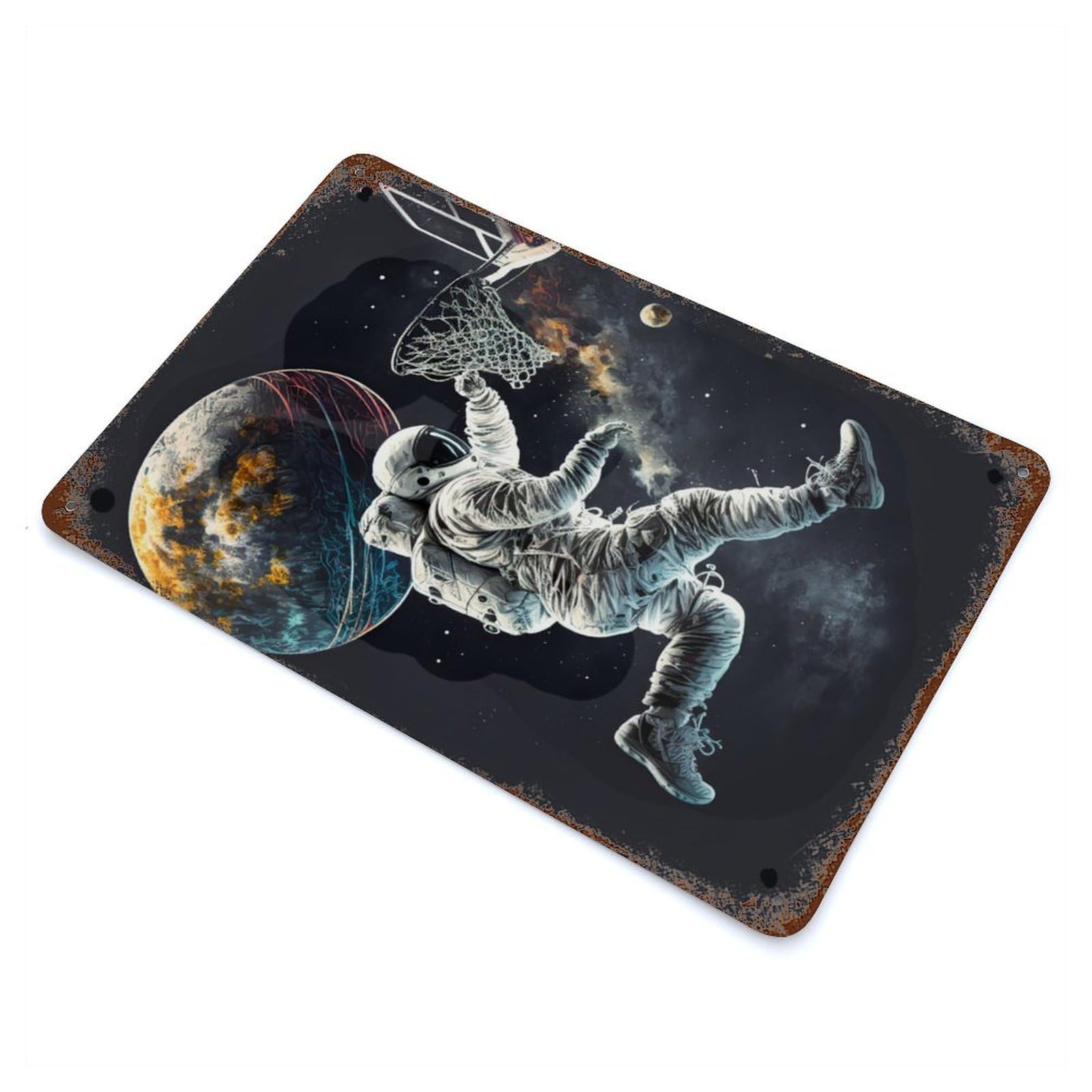 Retro Metal Sign with Astronaut Basketball Space Design 11.8"x7.9", for Living Room, Hallway And Home Decor, Farmhouse Wall Decor