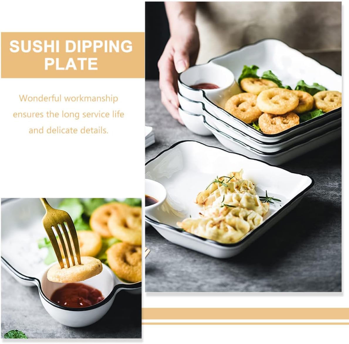 2pcs Japanese Style Ceramic Sushi Plates with Snack Dipping Dish and Dumpling Sauce Section, Square Porcelain Serving Set for Sushi and Appetizer Presentation