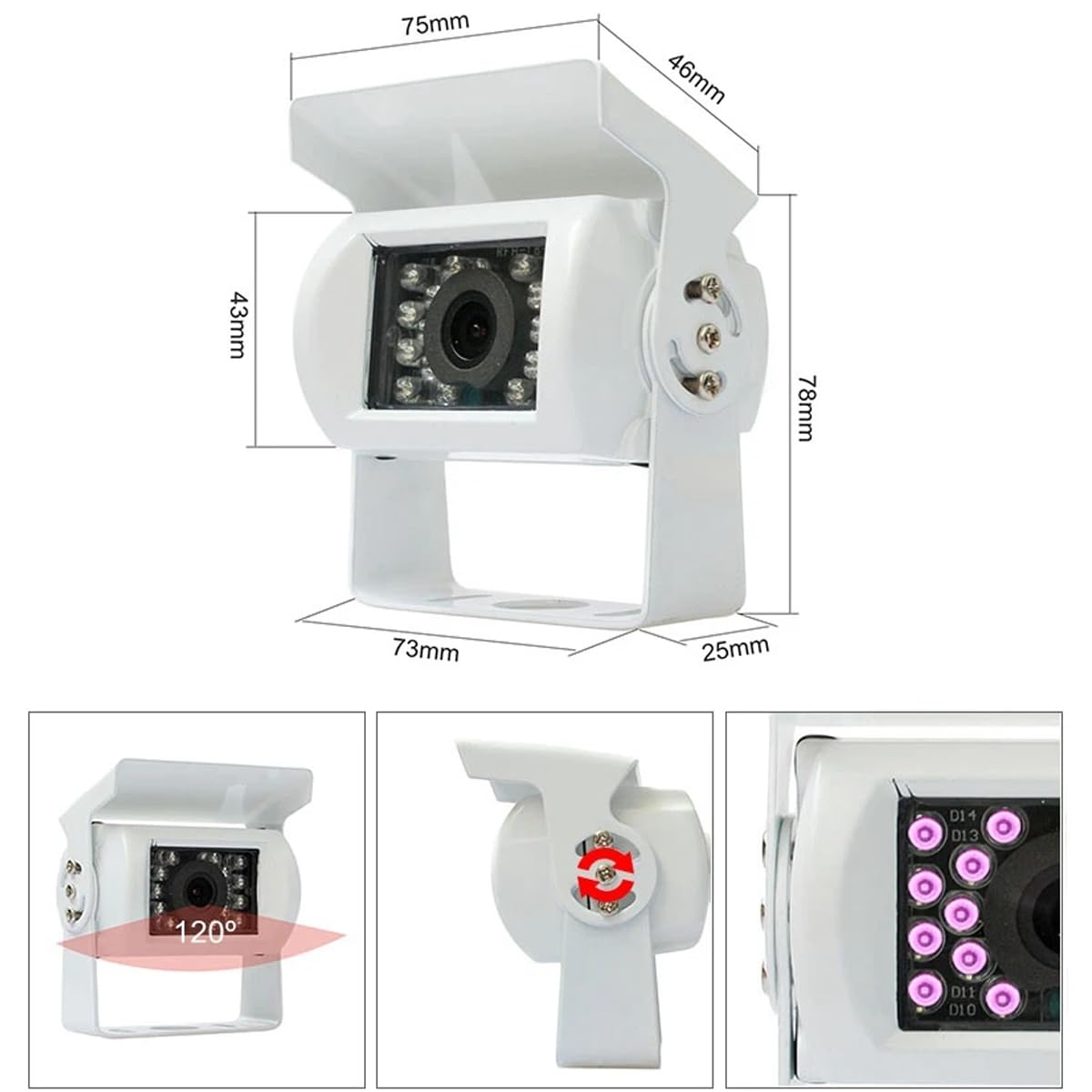 Cámara de Marcha Atrás Blanca con Cable de Aviación 4 Pines 15M Resistente, 18 LEDs IR Visión Nocturna, 12V-24V, Cámara Trasera HD Impermeable para Furgonetas, Coches, Camiones, Autobuses y Caravanas