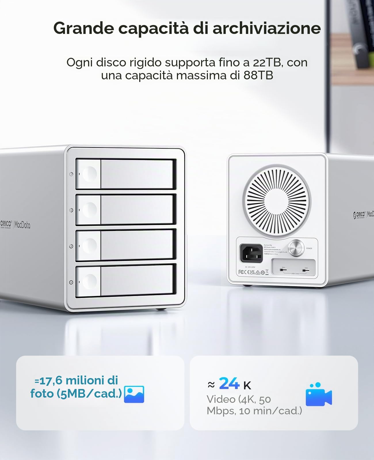 ORICO Daisy Chain 4 Bay Hard Drive Enclosure USB 3.1 Gen 2 Alluminio Das Enclosure Supporto 22TB ed espansione max fino a 22X4TB per 3.5" HDD -9948C3