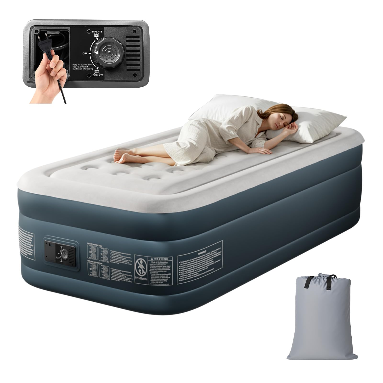 LEADZM Matelas Gonflable 1 Personne Autogonflant avec Pompe Électrique Intégrée Gonflage Rapide, 295 Kg de Capacité, PVC,pour Camping & Maison Cremeweiß & Dunkelgrau, 191x99x46cm