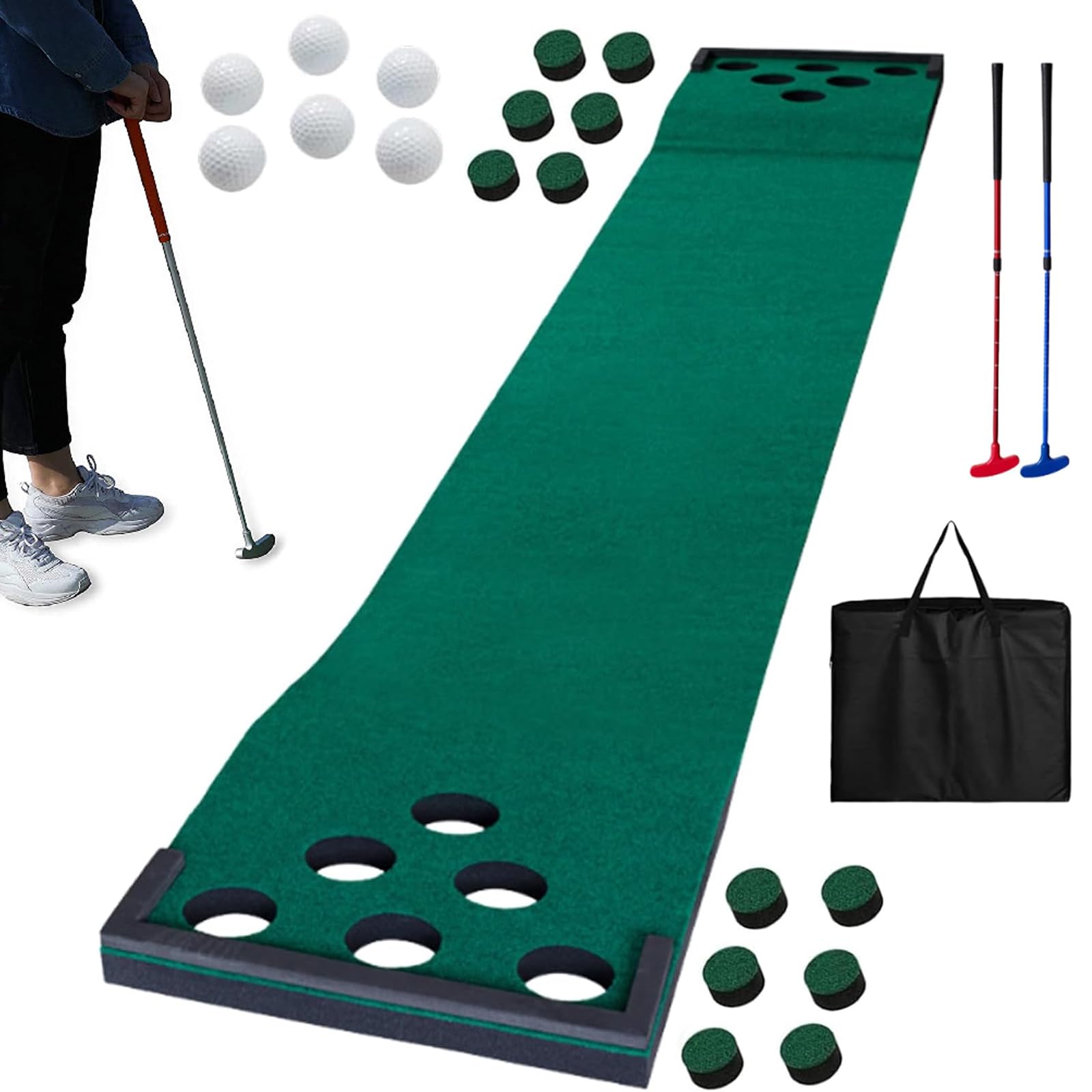 Juego de golf Pong, tapete verde portátil con 2 putters, 6 bolas y 12 fundas de agujeros, bolsa de transporte, para práctica en casa, fiesta en el patio trasero