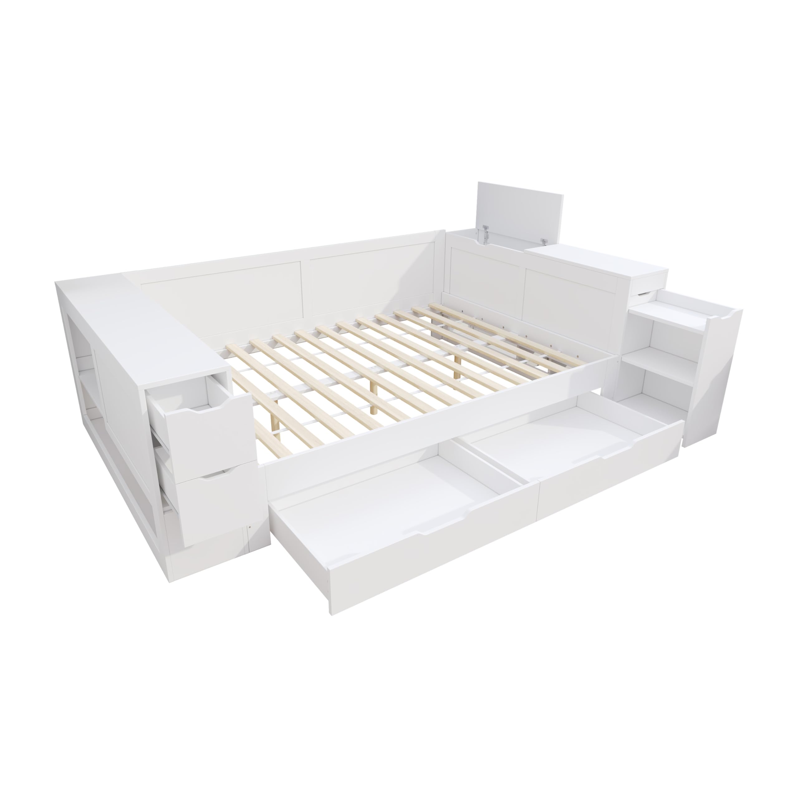 Lit pour enfant, Daybed, 140 x 200 cm, lit double, multifonction, avec tiroirs, étagères et espace de rangement, avec table de chevet, sans matelas (140 x 200 cm)