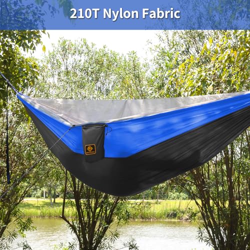 Image of Camping Hammock, Portable Hammocks with Mosquito Net,Lightweight Nylon Parachute Hammock with 10ft Tree Straps,Camping Gear Must Haves for Travel Hiking Backpacking Beach Patio-Deep Grey&Blue