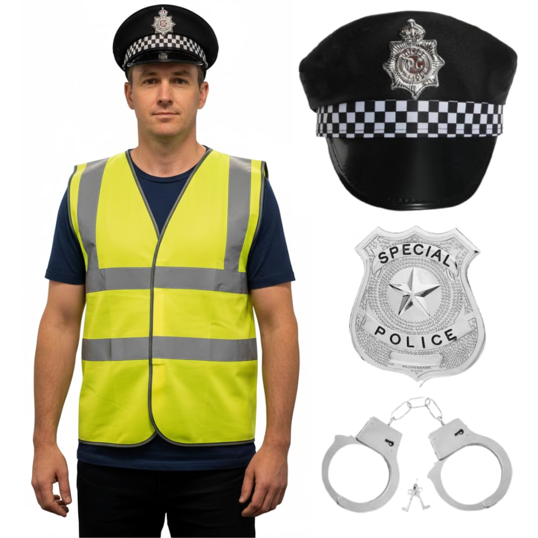 LOVETRENDS Adults Police Costume Set – Hi-Vis Vest, Constable Hat, Badge & Handcuffs – Law Enforcement Fancy Dress Outfit for Halloween, Parties & Cosplay