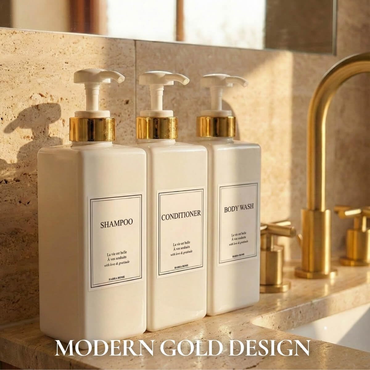 Modern Gold Design Shampoo and Conditioner Dispenser, Large 27oz Shower Soap Dispenser, Set of 3 Refillable Empty Plastic Pump Bottles for Bathroom and Body Wash (6 Waterproof Labels Included), White - Image 2