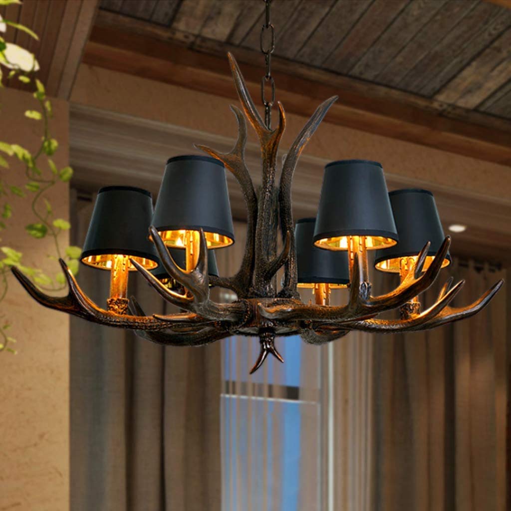 Vintage Pendelleuchte Esstischlamp American Ländliche Kronleuchter E14 Resin Geweihe Hängeleuchte Schwarzer Lampenschirm Hängelampe Retro Leuchte Bar Wohnzimmer Cafe Esszimmer Deckenlampe ,6 heads