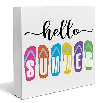 Colorful Flip Flop Wood Box Sign Desk Decor Hello Summer Wood Block Sign Decor for Home Beach Party Shelf Wall