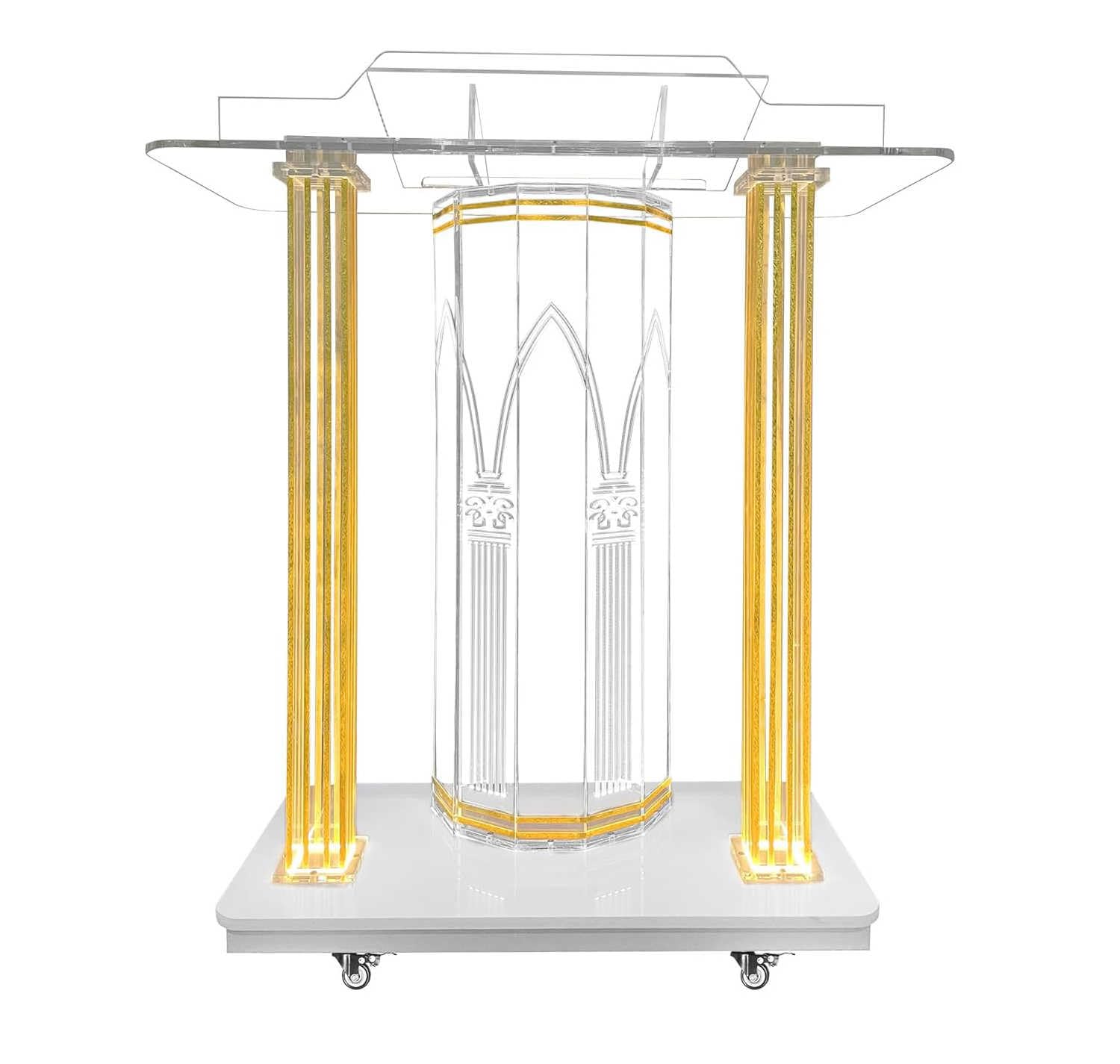 FUYAO Clear Acrylic Church Pulpit With Led Lights & Wheels Transparent Rolling Podium For Church, Weddings, Speeches, Classrooms Incline Reading Podium Stand For Concerts