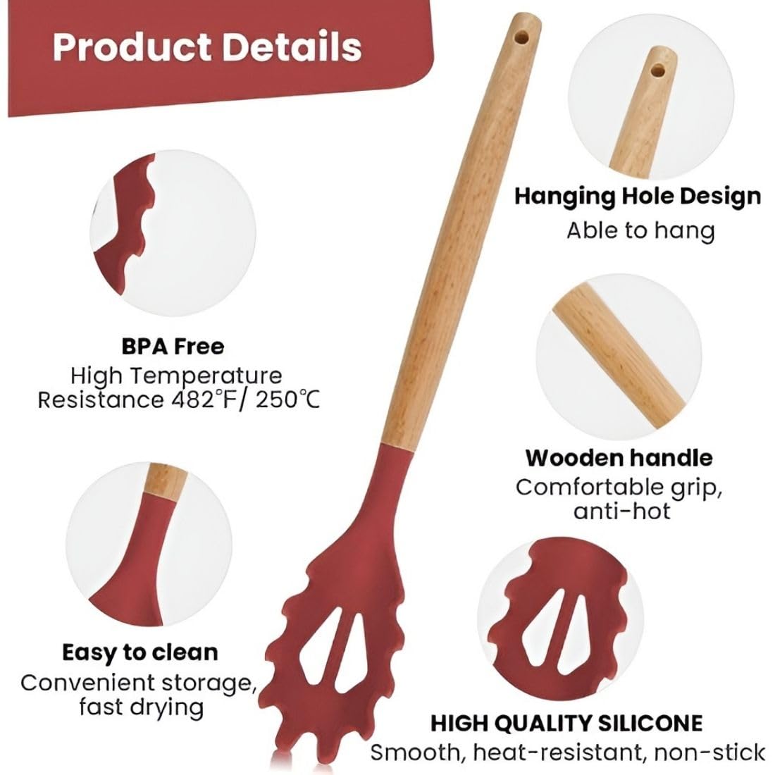 Besillia Pasta Server, Silicone Cooking Kitchen Utensil Natural Wooden Handle BPA-Free Non-Toxic Cookware Spaghetti Spoon, Wooden Handle for Serving Pasta (Pack of 2, Red) 3