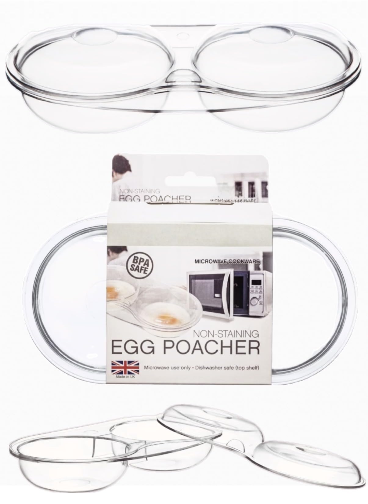 Home Fittings ® Microsafe Cook Microwave 3 in 1 Easy Egg Poacher Cooker Omelettes, Dishwasher Safe and BPA Free CLEAR with Clear Lid