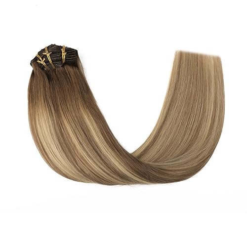 Miniatura 7 de Sindra Extensiones de cabello humano real con clip, balayage, color marrón oscuro a marrón ceniza, reflejos rubios dorados, 16 pulgadas, 6 unidades,