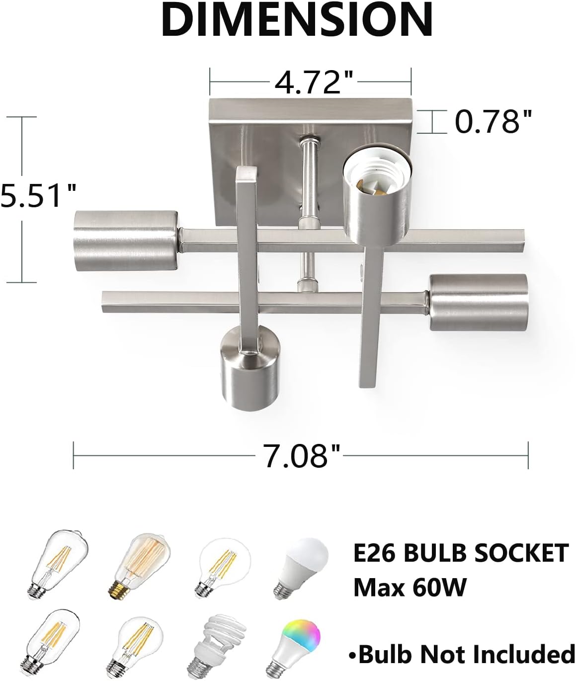 4-Light Semi Flush Mount Ceiling Light, Modern Brushed Nickel Close to Ceiling Light Fixtures, Easy Assembled, House Indoor Ceiling Lights for Bedroom Living Room Entryway