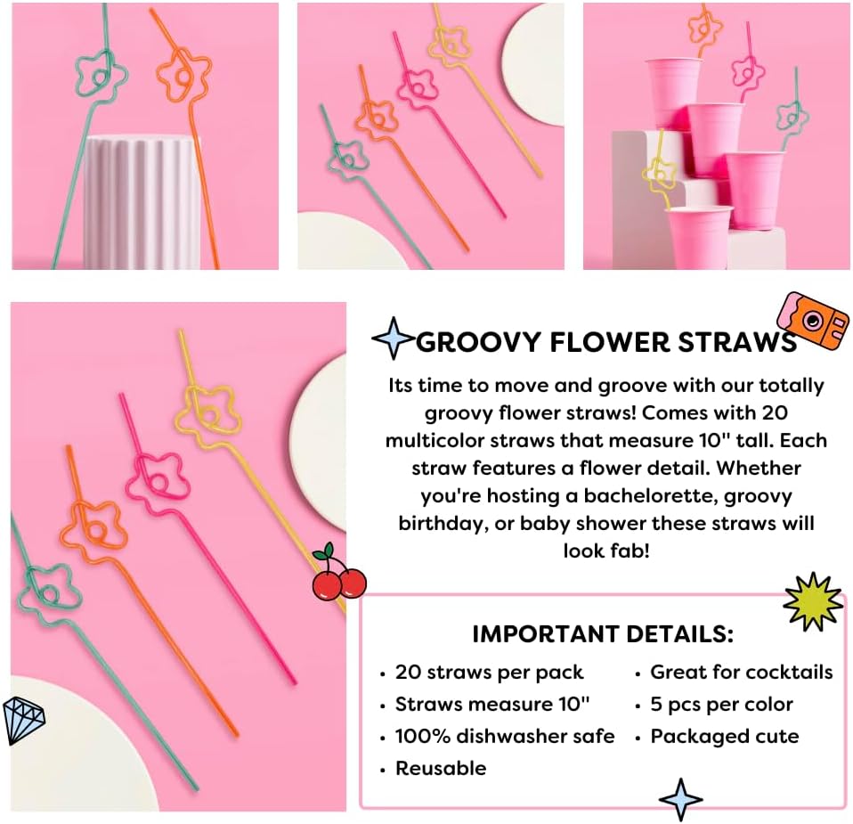 xo, Fetti Rainbow Flower Reusable Straw Set - 20 pc | Rainbow Birthday Party Decorations, Groovy Bachelorette Supplies, Flower Drinkware, HBD, 70s Favors