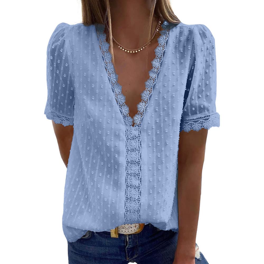 Coloody Blusa con Cuello en V para Mujer Camisa de Encaje Manga Corta Túnica de Color Sólido Tops