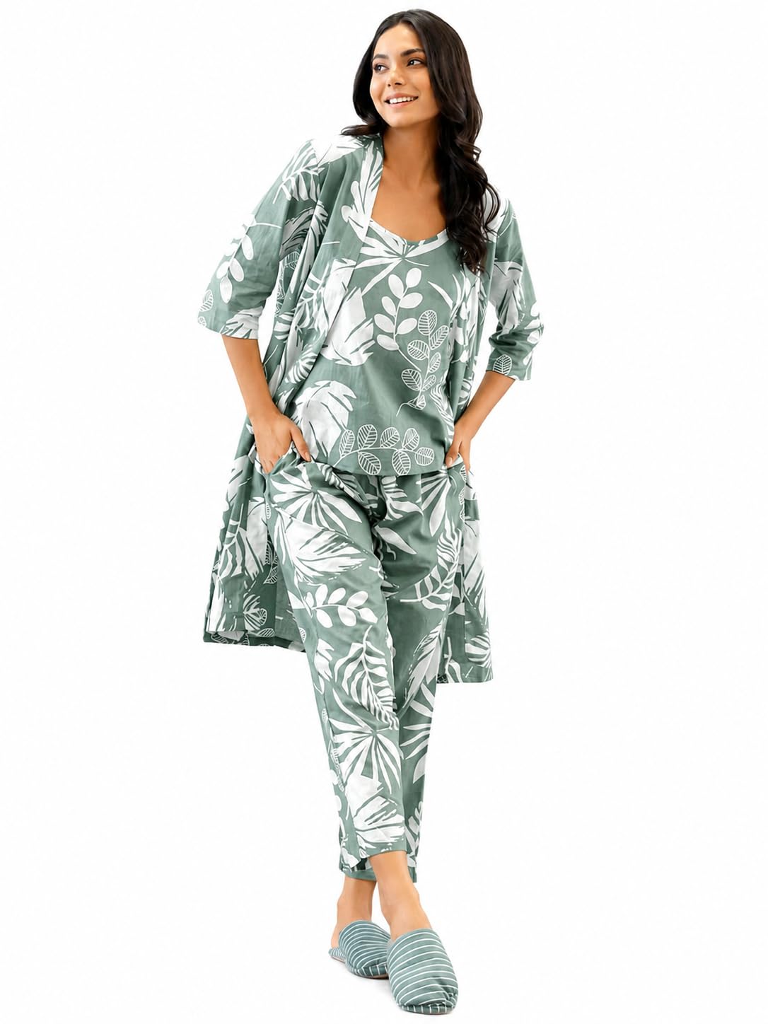 Women's 3 Piece Night Suit Set with Inner Top, Pyjama & Long Shrug | Soft Lounge Wear Co-Ord Set | Sleepwear for Women Casual Night Dress Set-picture-21