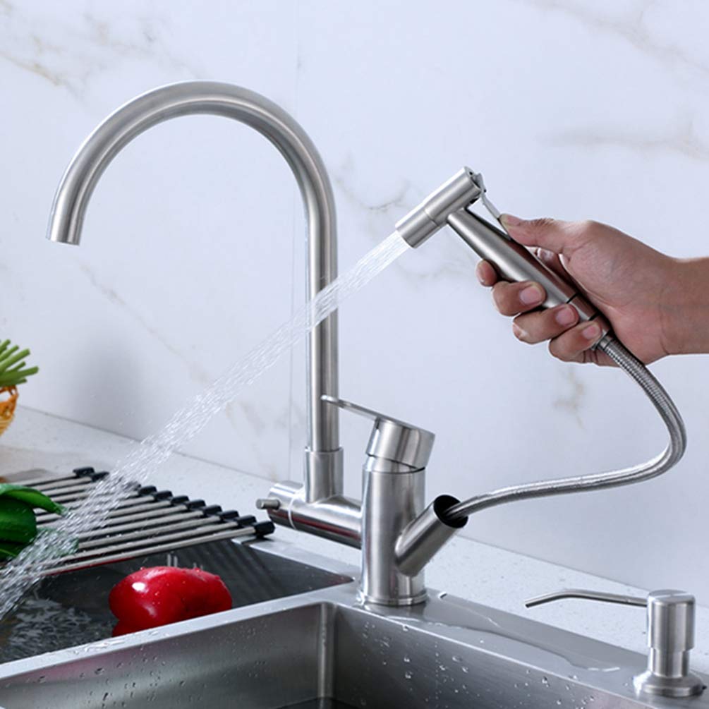360 Swivel Kitchen Faucet with Pull Out Tap Spray Water Gun Hot and Cold Mixer Multifunctional Brushed Nickel