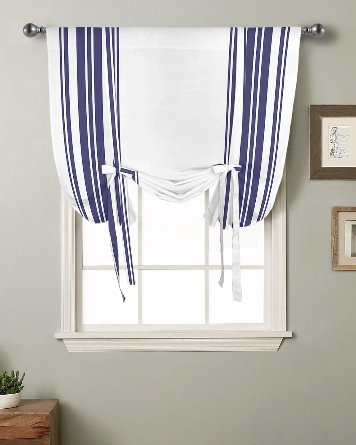Tie Up Window Shade Curtain Nautical Navy Blue Vertical Striped Kitchen Adjustable Balloon Curtains Shades Drape 46x63In for Living Room/Bedroom/Cafe Windows White