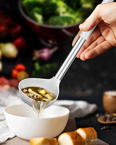 Vista 17 de Paquete de 2 cucharones de cucharón, cuchara grande de silicona para sopa, utensilios de cocina antiadherentes con alta resistencia al calor, sin