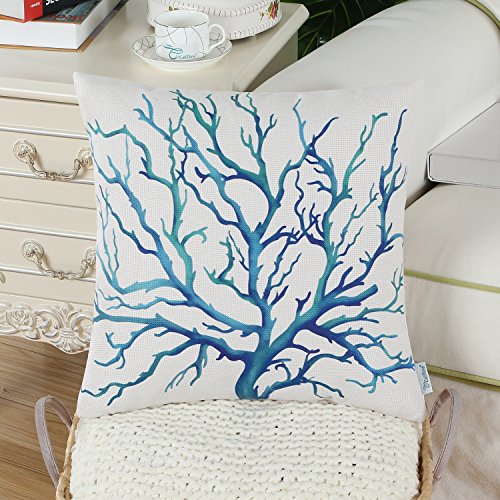 CaliTime Canvas Throw Pillow Cover Shell for Couch Sofa Home Decoration Aquarelle Painting Print 18 X 18 Inches Sea Coral Tree Blue Teal - Image 2