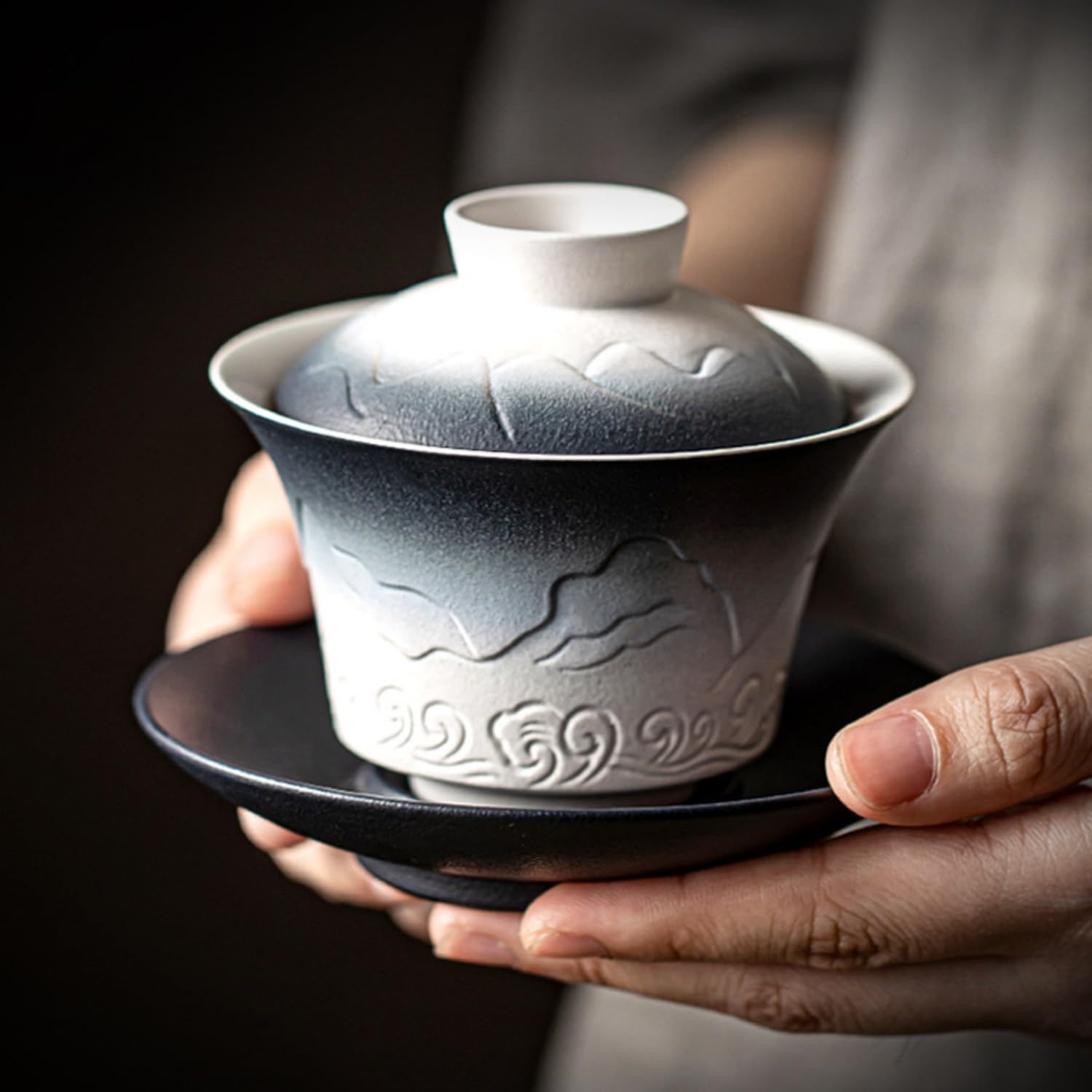 Gongfu tea sets,Portable Ceramic TeaSet,Home,Gifting,Outdoor and Office 渐变山海行三才盖碗 Gaiwan Teacups 茶杯单个家